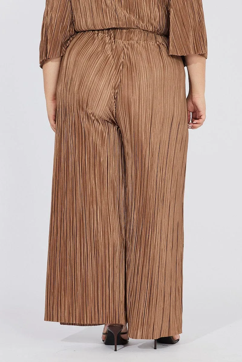 Brown Plisse Pants Wide Leg High Rise Lightweight Construction