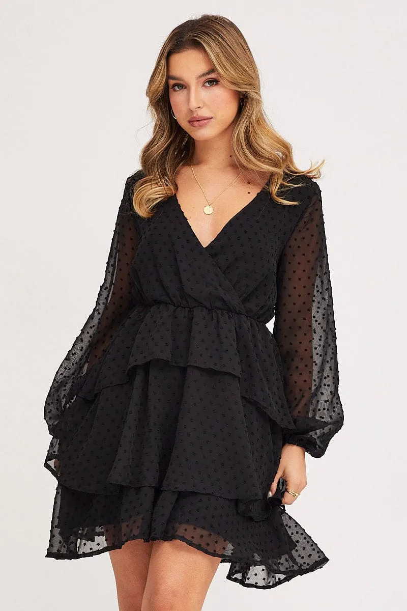 Antibacterial Finish Inner Glow Black Tie Up Dress Long Sleeve Mini