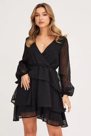 Work Ready WrinkleFree Material Black Tie Up Dress Long Sleeve Mini