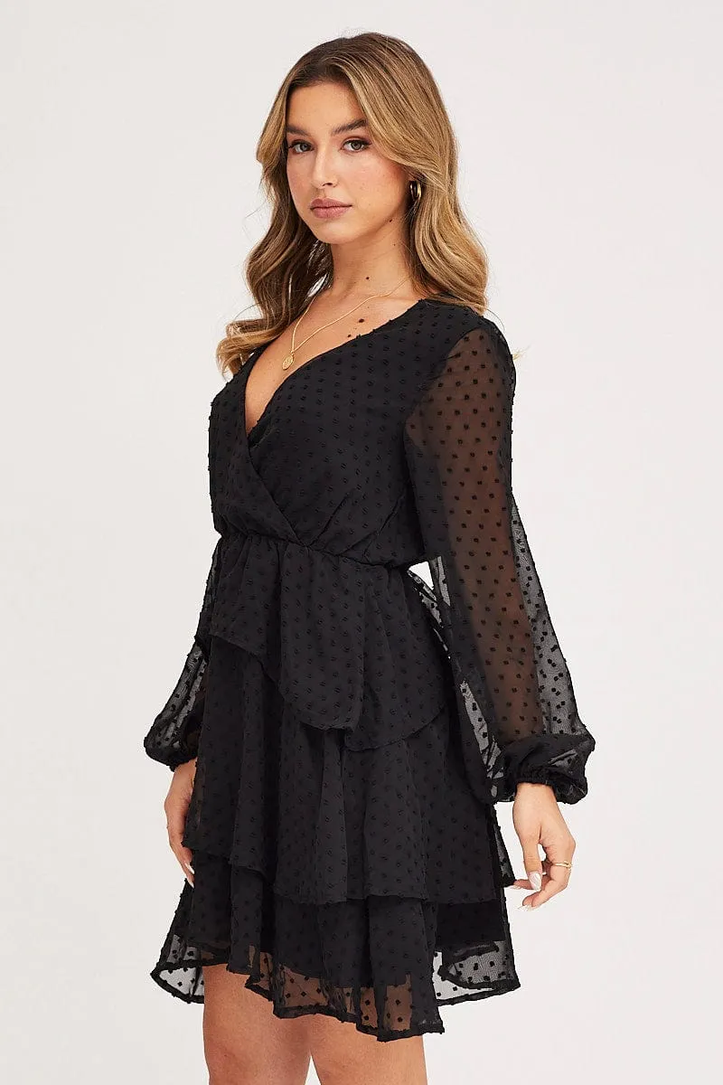 Black Tie Up Dress Long Sleeve Mini Tight Net