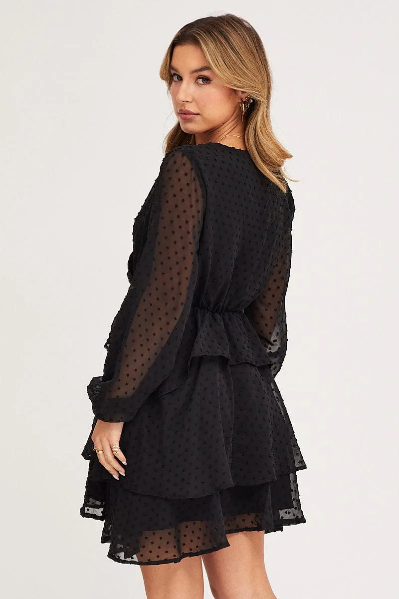 Black Tie Up Dress Long Sleeve Mini Warm Jacket Comfy Wear