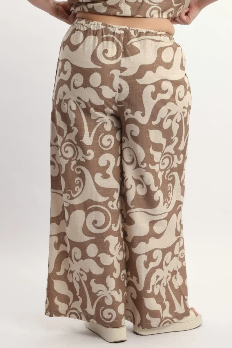 Beige Abstract Linen Blend Wide Leg Pants HighDensityWeave StretchWaistband