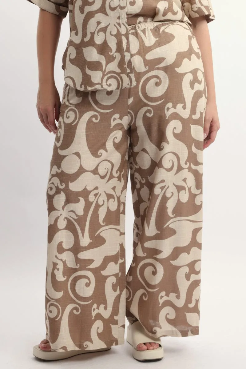 Beige Abstract Linen Blend Wide Leg Pants Rubberized Hem