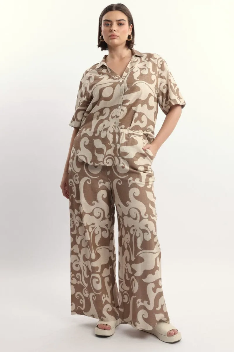 Quick Pack Beige Abstract Linen Blend Wide Leg Pants
