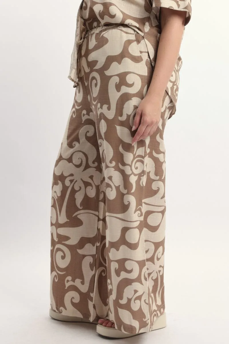 Beige Abstract Linen Blend Wide Leg Pants Decorative stitching