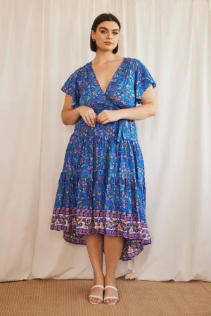 Self Love Airy Shape Blue Boho Midi Dress Short Sleeve Wrap Front