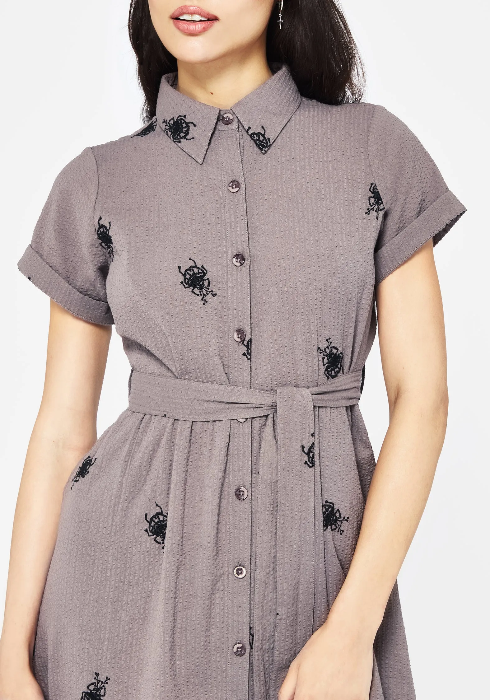 Flattering wear Stag Beetle Embroidered Midi Shirt Dress
