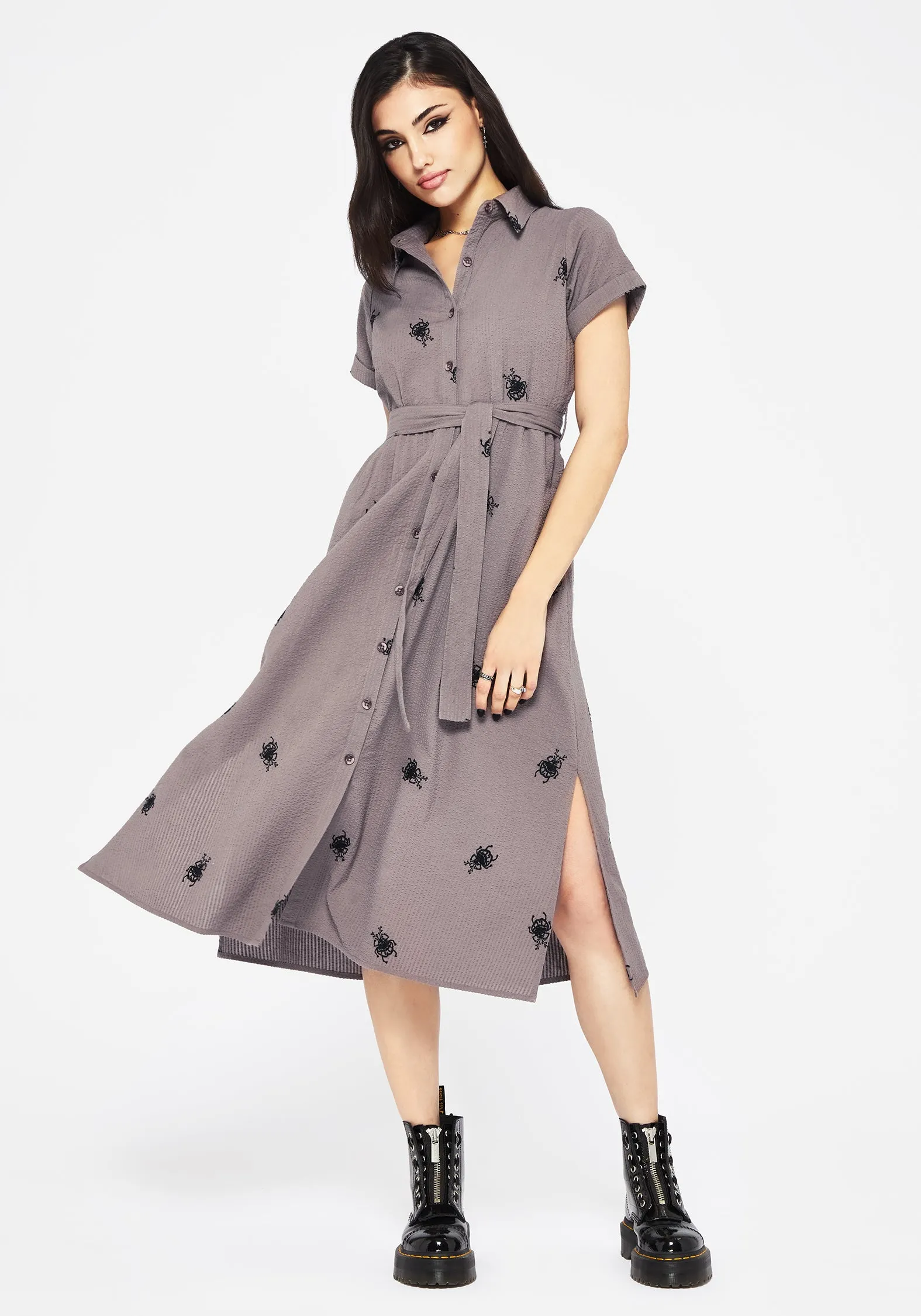 Day-to-night midi gown Fashion-forward piece for evening Stag Beetle Embroidered Midi Shirt Dress