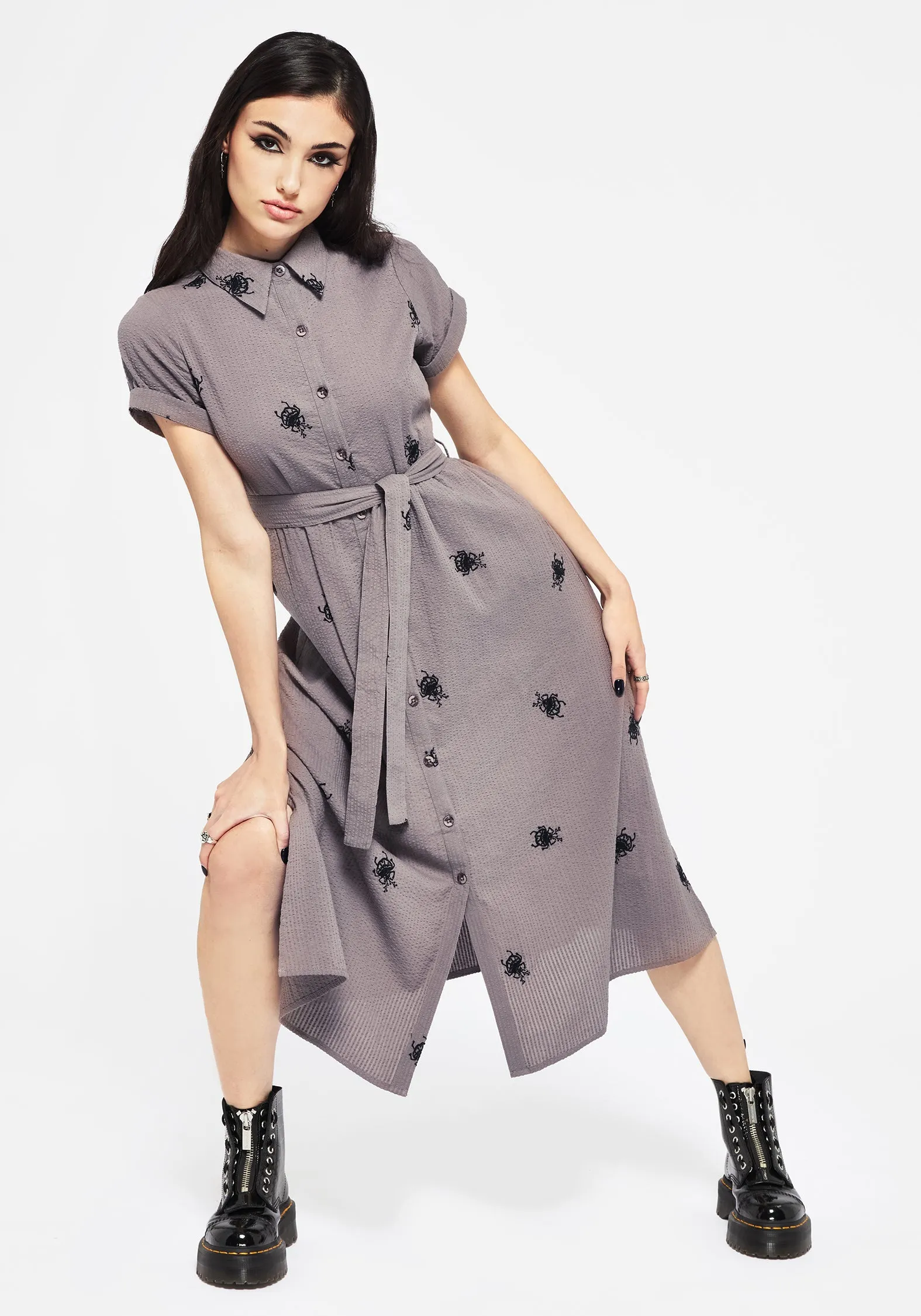 Stylish work-to-weekend outfit Charity Gala Stag Beetle Embroidered Midi Shirt Dress