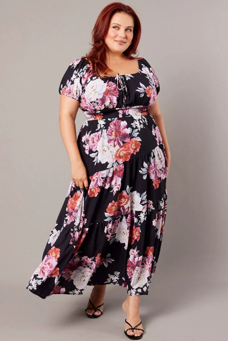 Chic Fit Black Floral Maxi Dress Short Sleeve Tiered