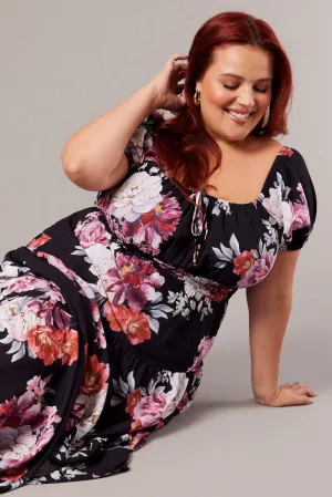 Black Floral Maxi Dress Short Sleeve Tiered Flattering Outfit