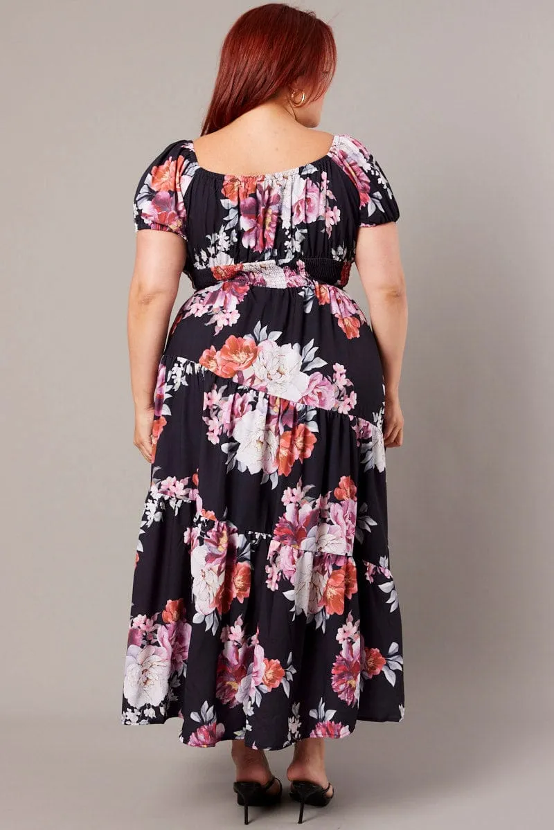 Black Floral Maxi Dress Short Sleeve Tiered Minimalist mid-calf dress European Charm