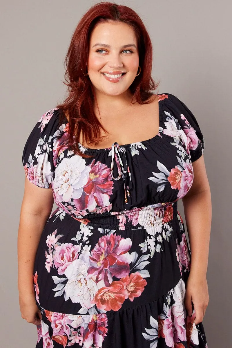 Black Floral Maxi Dress Short Sleeve Tiered Trendy versatile dress