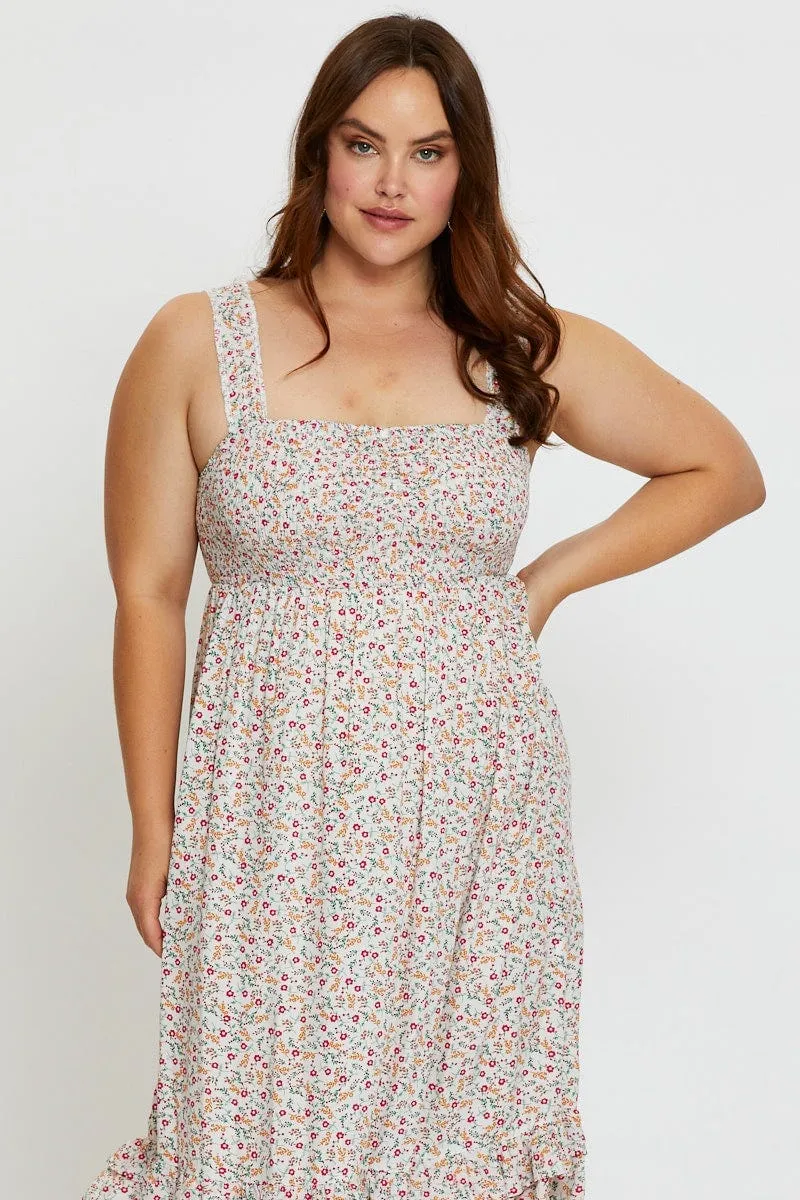 Timeless Comfort Airy Shape Floral Print Midi Dress Scoop Neck Sleeveless