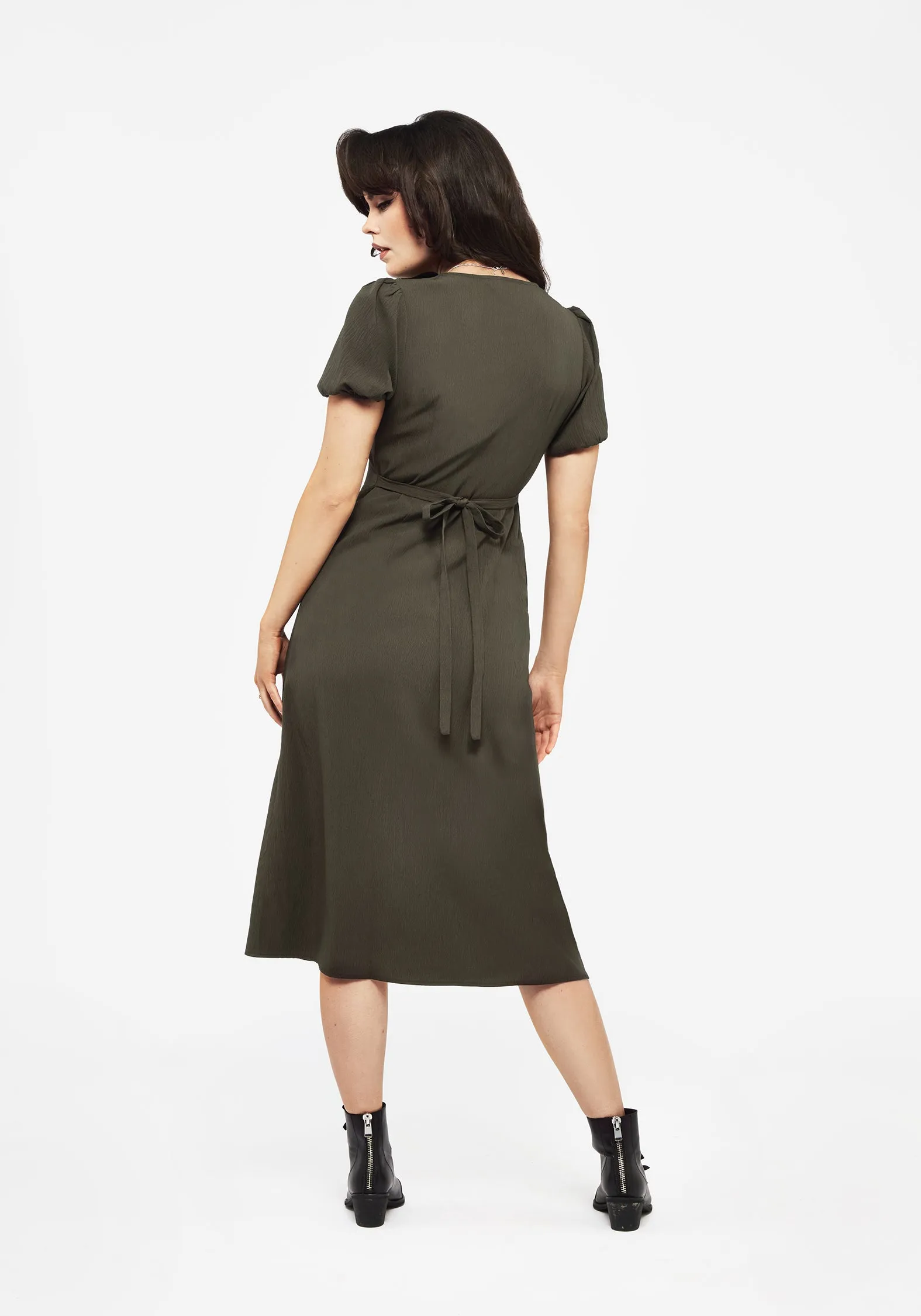 Rosette Button Up Midi Dress Flowy mid-length piece