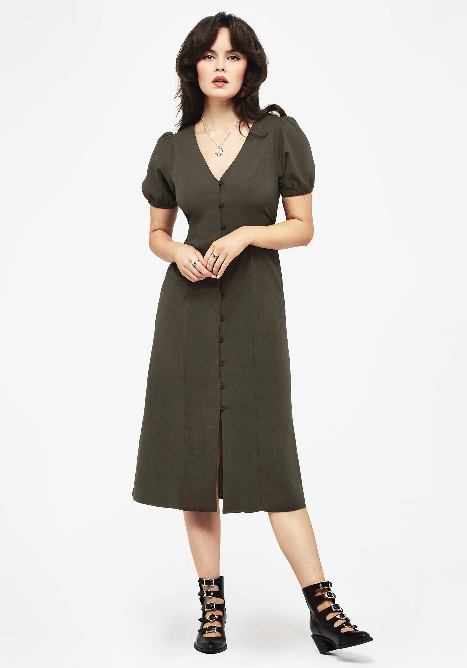 Trendy office attire Rosette Button Up Midi Dress
