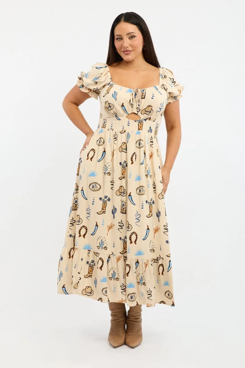 Seasonal Wear Young Professional Beige Abstract Midi Dress Short Sleeve Cut Out Linen Blend