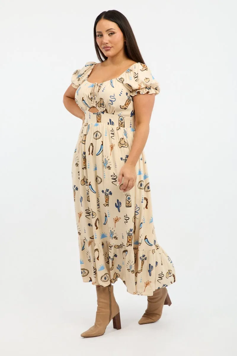 Effortless Glam Beige Abstract Midi Dress Short Sleeve Cut Out Linen Blend