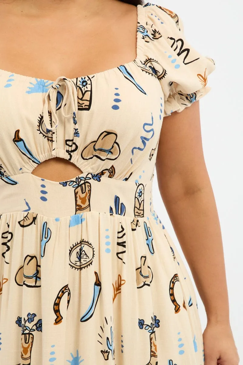 Beige Abstract Midi Dress Short Sleeve Cut Out Linen Blend Simple and timeless piece Modern Style