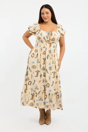 Seasonal Wear Young Professional Beige Abstract Midi Dress Short Sleeve Cut Out Linen Blend