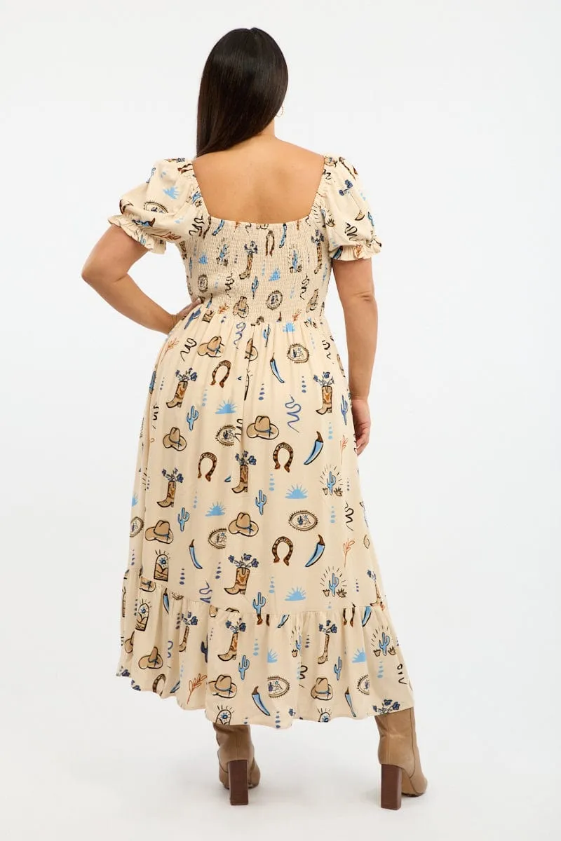 Trendy and Timeless Beige Abstract Midi Dress Short Sleeve Cut Out Linen Blend