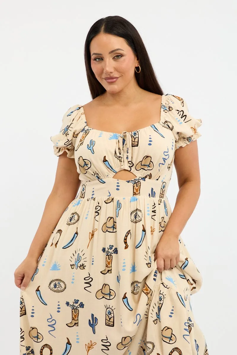 City Roof Beige Abstract Midi Dress Short Sleeve Cut Out Linen Blend