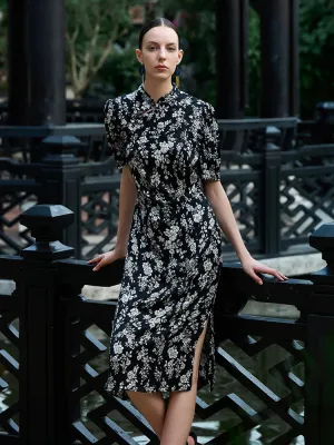 Camellia Print Mandarin Collared Cheongsam Women Midi Qipao Dress Work Attire
