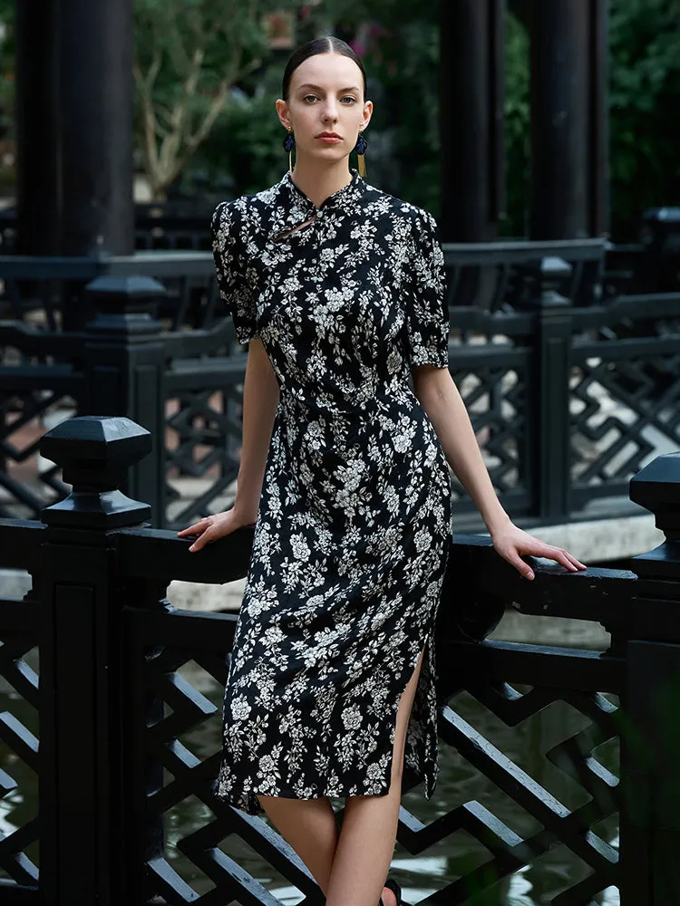 Camellia Print Mandarin Collared Cheongsam Women Midi Qipao Dress Work Attire