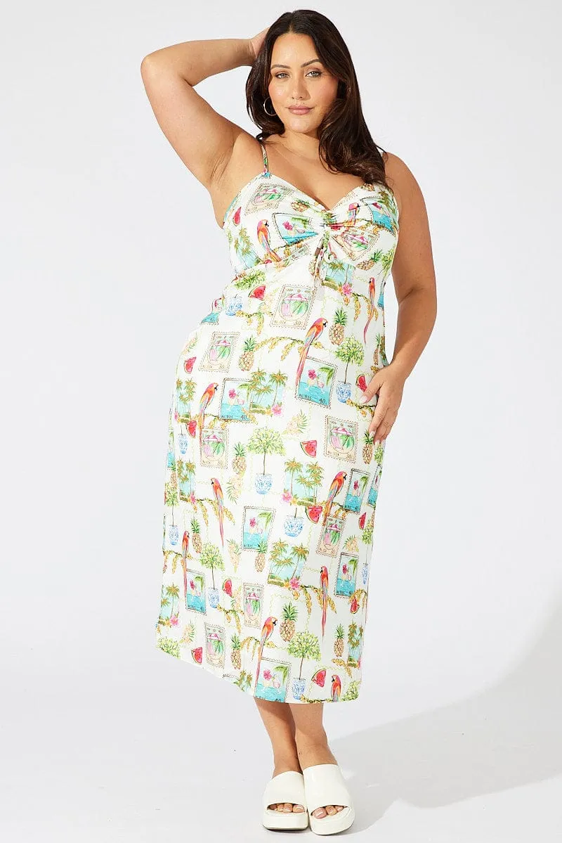 Multi Abstract Midi Dress Drawstring Front Holiday Print Elegant Silhouette