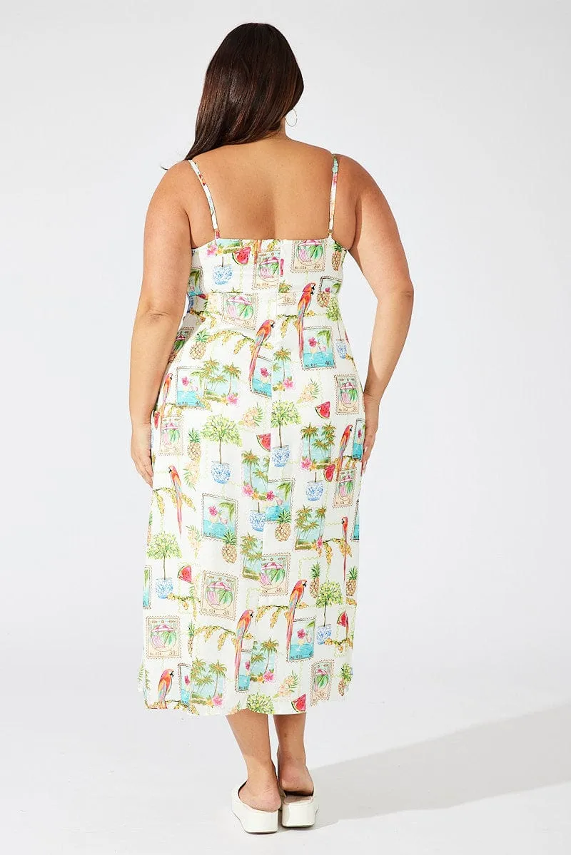 Multi Abstract Midi Dress Drawstring Front Holiday Print Relaxed-fit mid-length dress