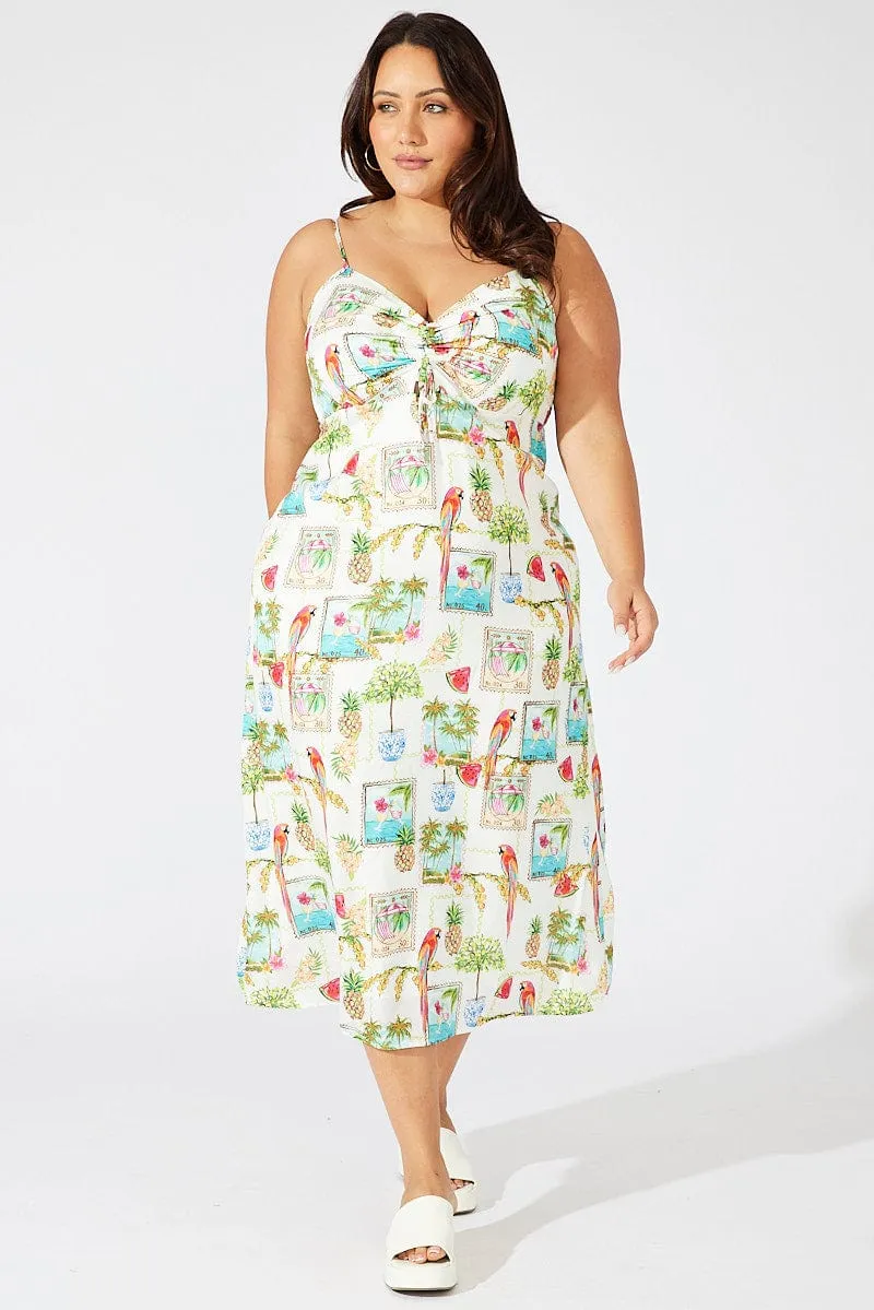 Multi Abstract Midi Dress Drawstring Front Holiday Print Bamboo Path Soft fabric knee-length dress