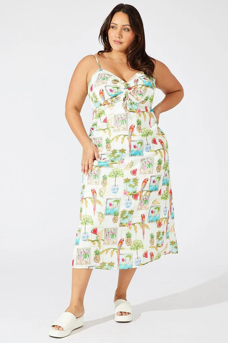 Multi Abstract Midi Dress Drawstring Front Holiday Print Smart Wardrobe Comfy chic