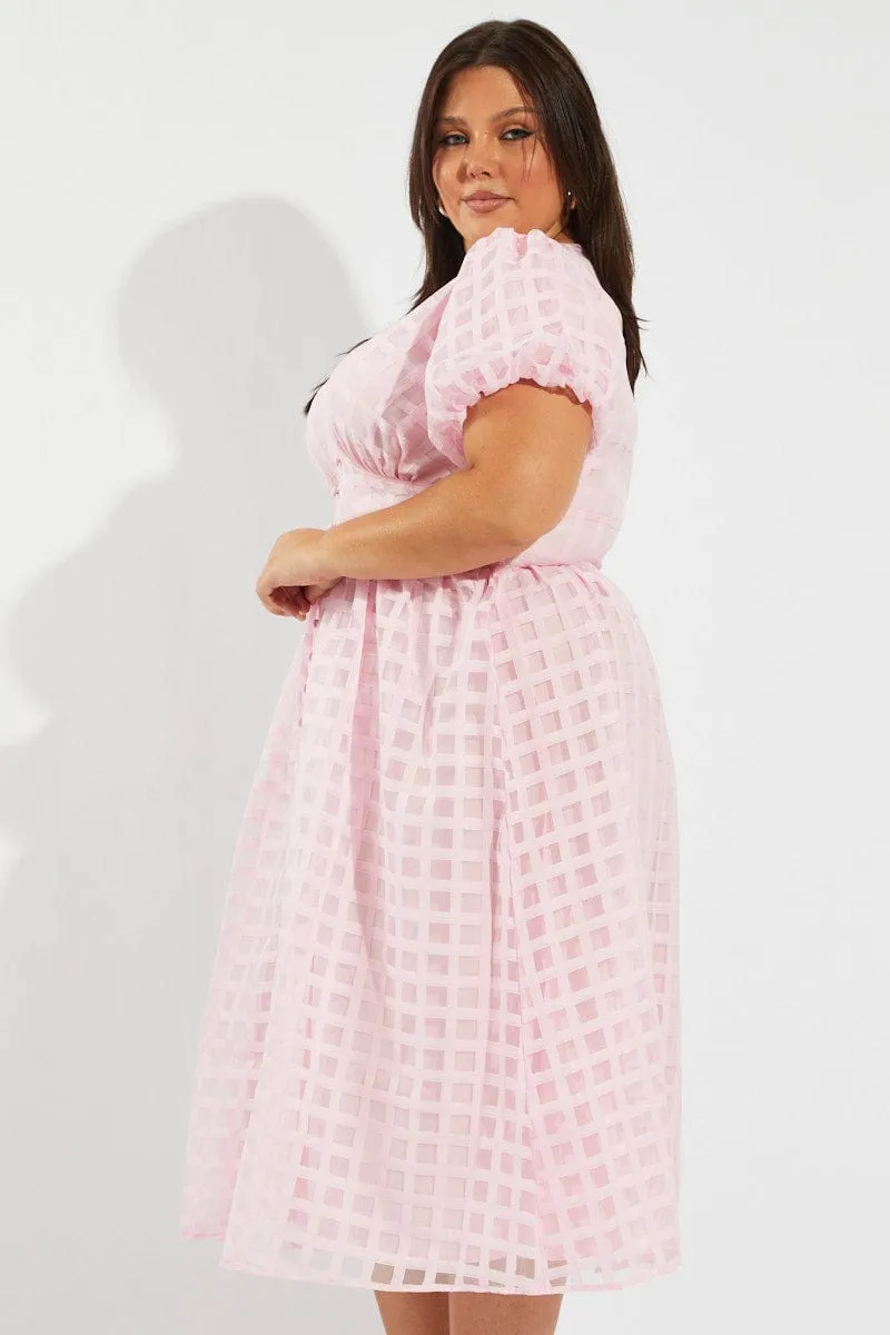Minimalist Design Confident Girl Pink Grid Check Midi Dress