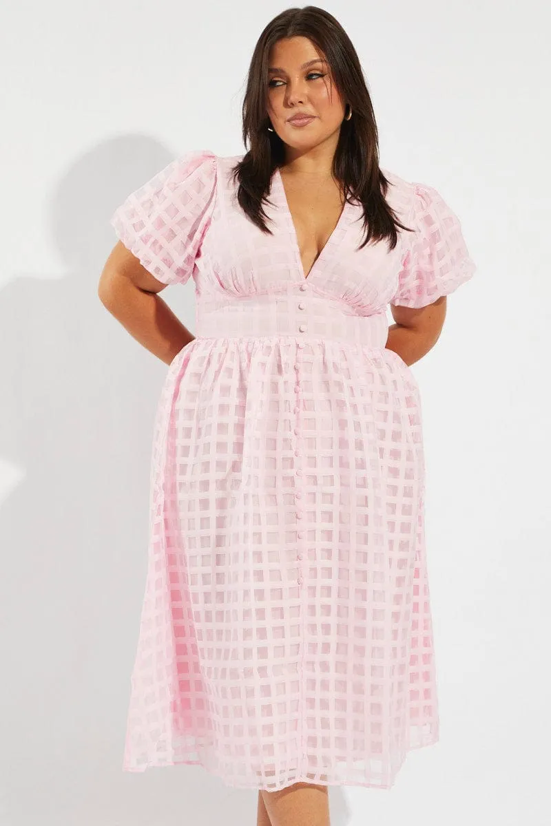Pink Grid Check Midi Dress Cherry Grove