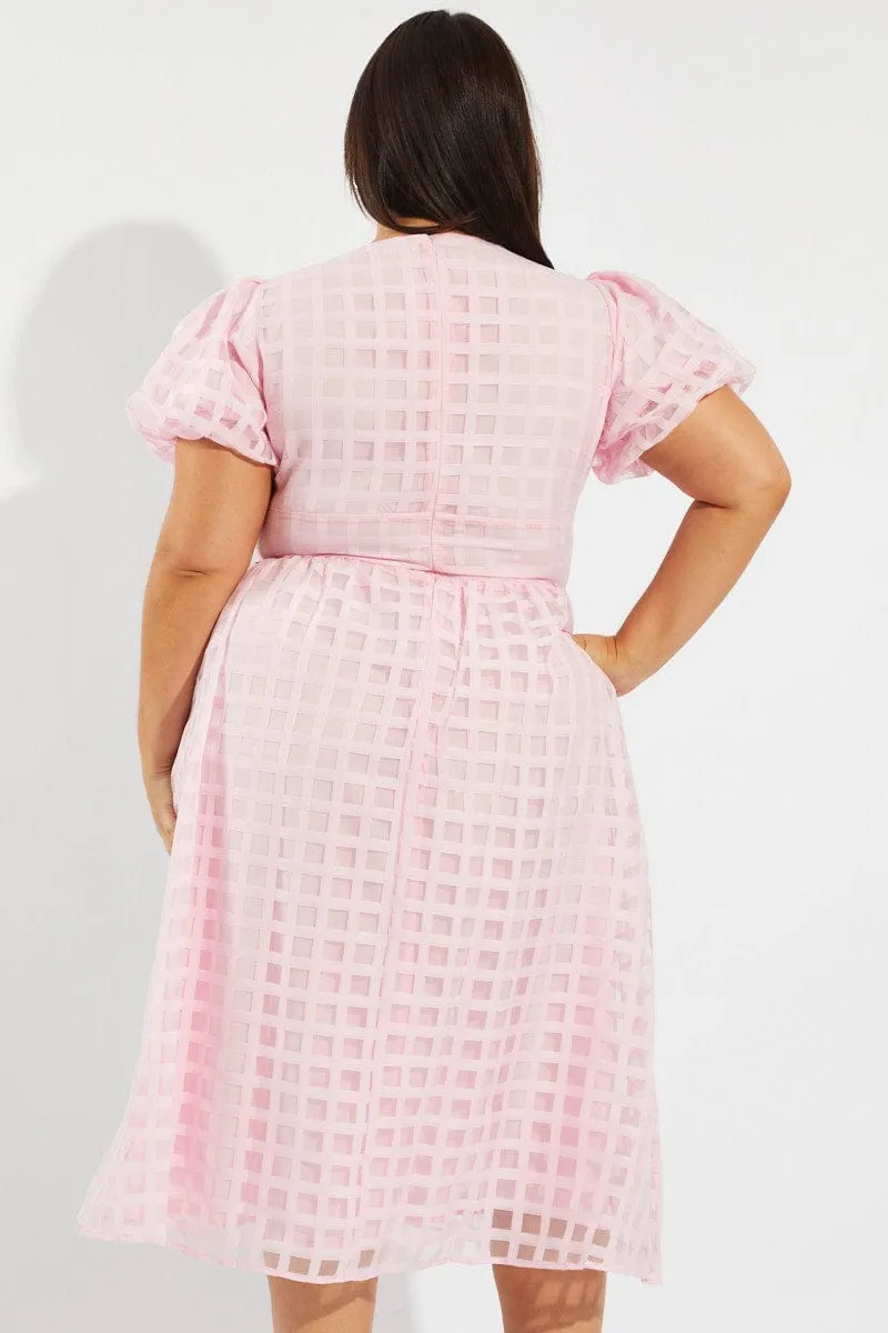 Glacier Edge Pink Grid Check Midi Dress