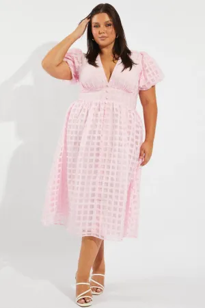 Brunch Ready Cozy Elegance Pink Grid Check Midi Dress