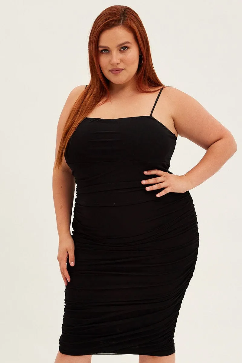 Versatile event piece Cozy midi dress Black Midi Dress Mesh Ruched Side Shoestring Strap