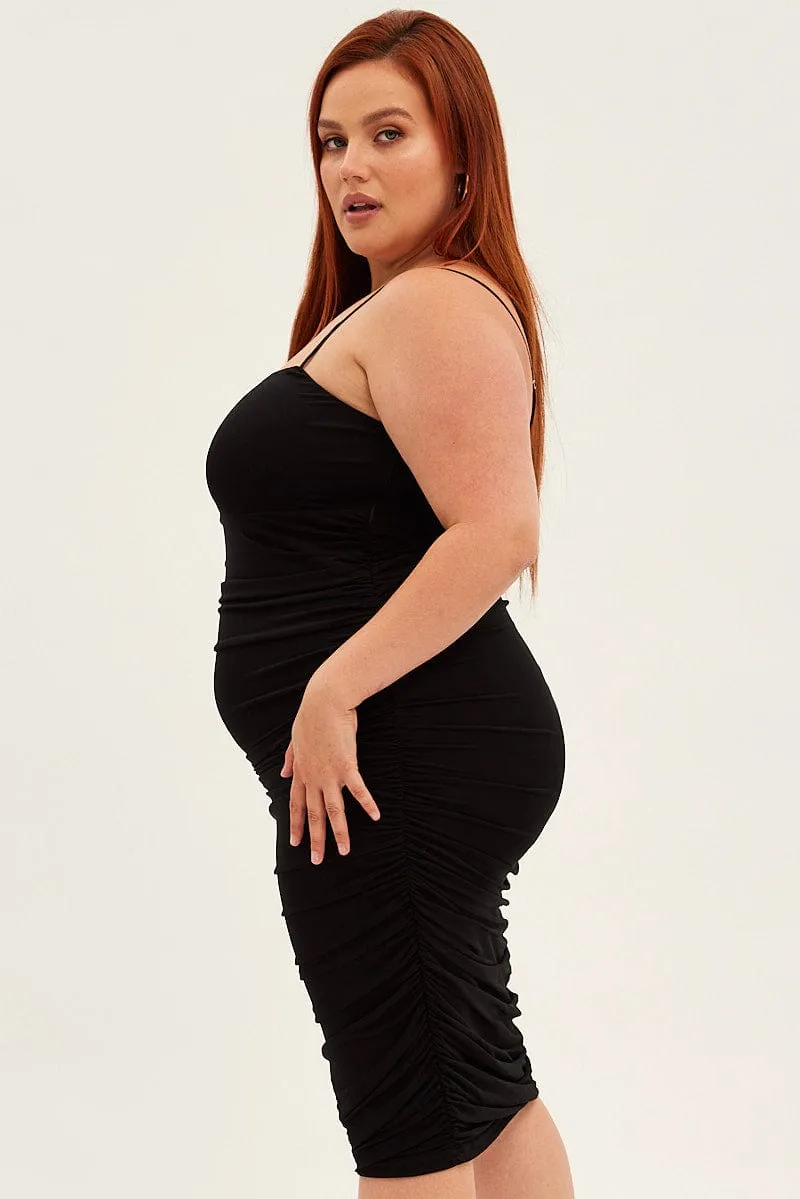Soft Texture Easygoing Outfit Black Midi Dress Mesh Ruched Side Shoestring Strap