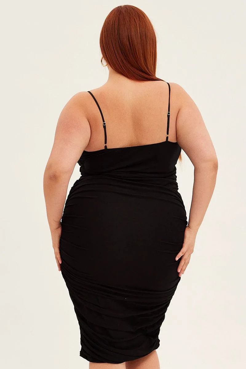 Effortless day-to-evening dress Black Midi Dress Mesh Ruched Side Shoestring Strap