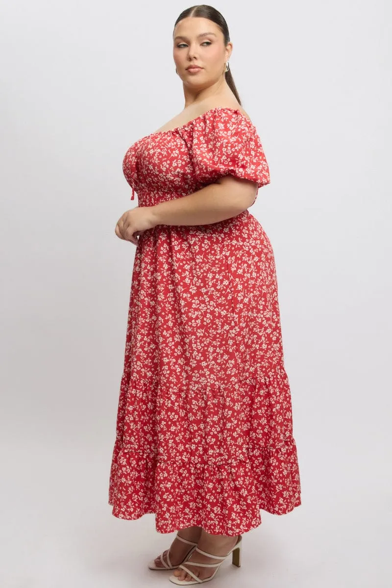 Comfy Elegance Easy Fit Red Ditsy Midi Dress Short Sleeve Ruched Bust
