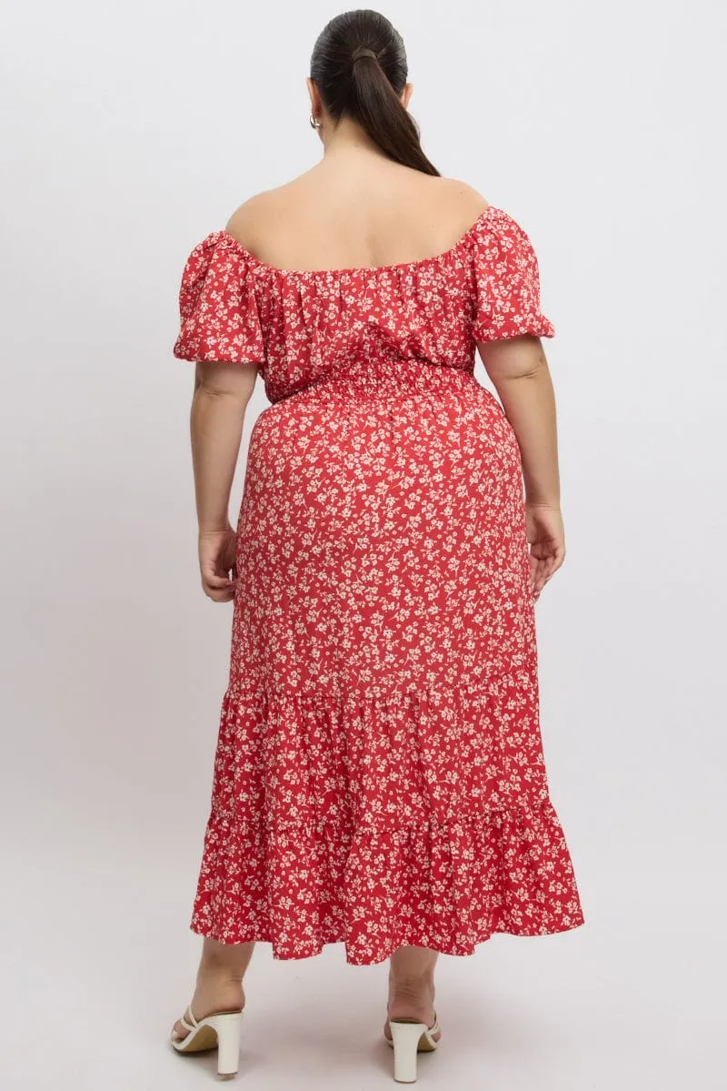 Red Ditsy Midi Dress Short Sleeve Ruched Bust Friend Wedding Maternity Look
