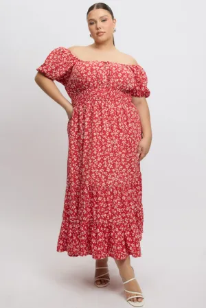 Red Ditsy Midi Dress Short Sleeve Ruched Bust Quick Layer