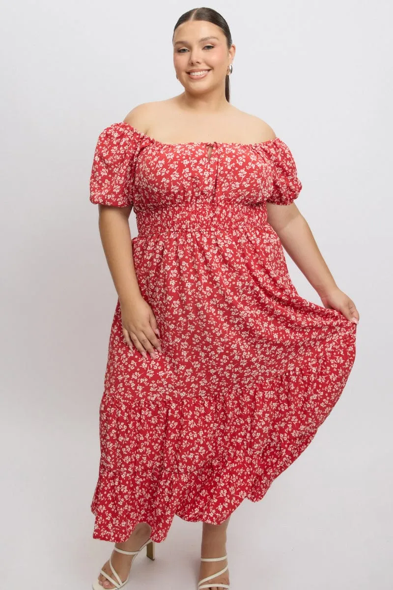 Comfortable Layers Day-to-night versatile dress Red Ditsy Midi Dress Short Sleeve Ruched Bust