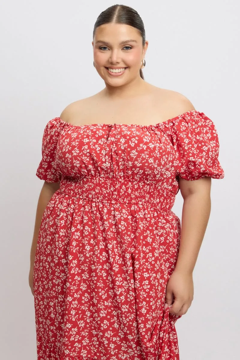 Red Ditsy Midi Dress Short Sleeve Ruched Bust Trendy Fashion
