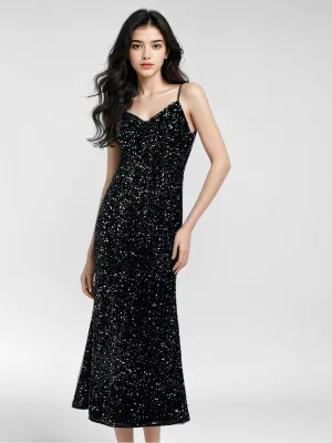 warm glow Velvet Sequins Women Strap Midi Dress