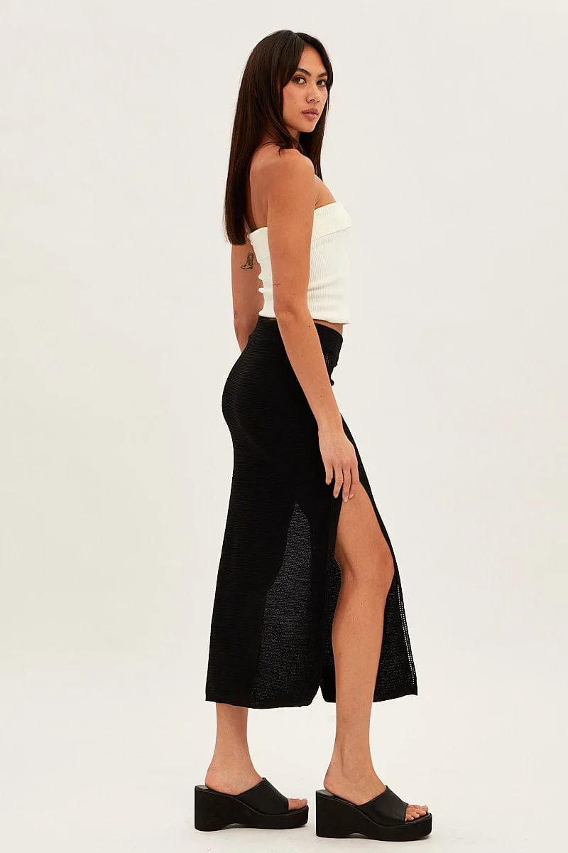 Black Midi Skirt Knit Front Split Fashion Week Ready Winter Layering