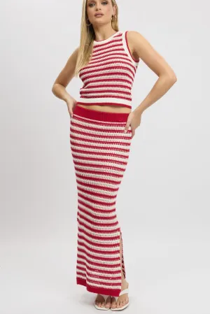 Red Stripe Crochet Knit Skirt Elastic Waist Midi Lined All Day