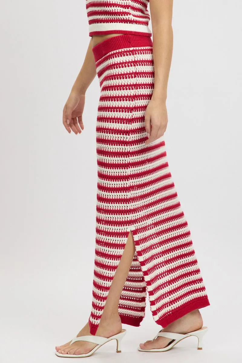 Red Stripe Crochet Knit Skirt Elastic Waist Midi Lined Minimal Vibe Pure Vibes