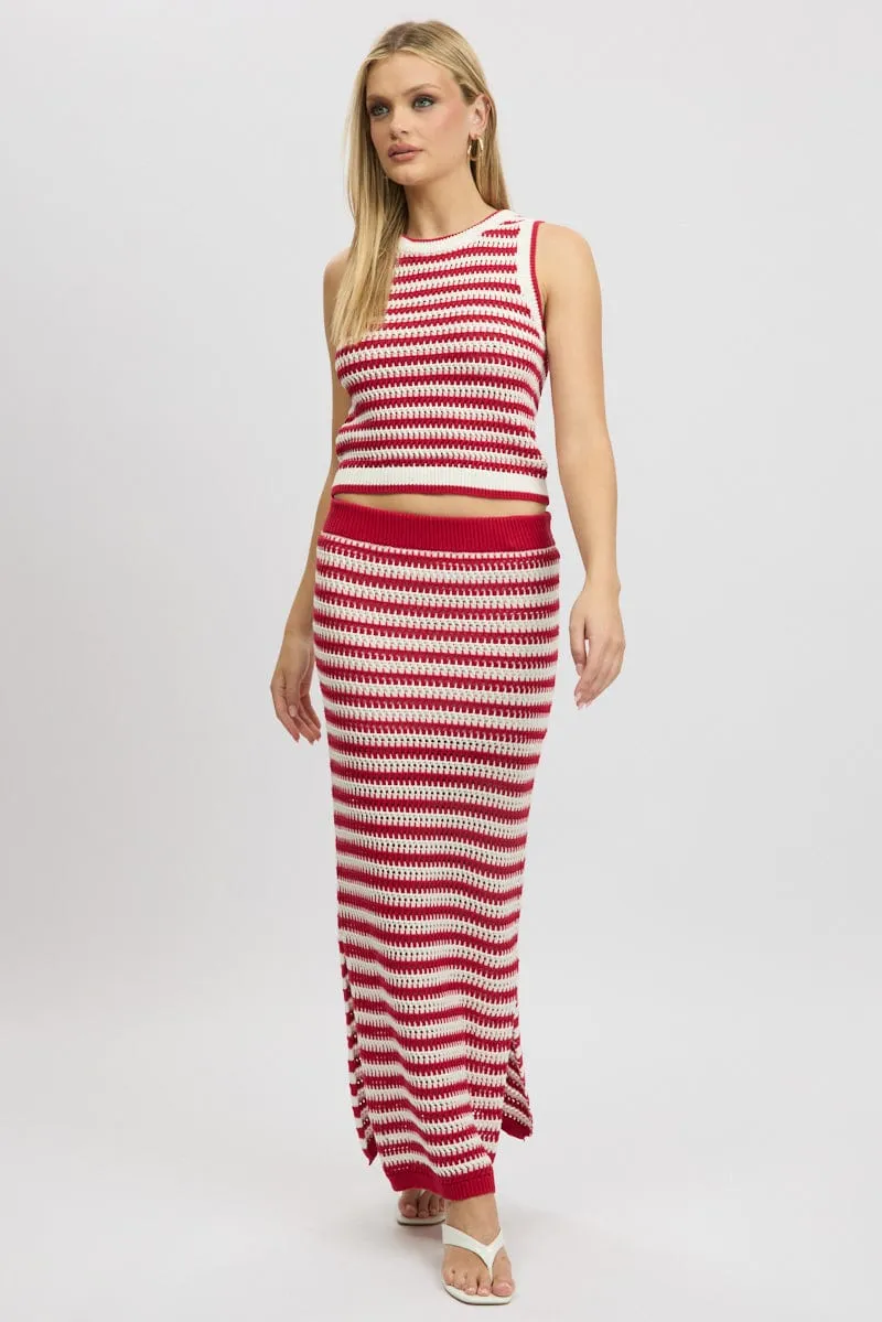 Red Stripe Crochet Knit Skirt Elastic Waist Midi Lined Matte Finish