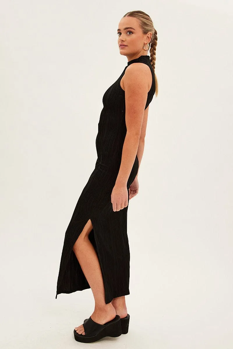 Black Maxi Dress High Neck Sleeveless Sheer Layer